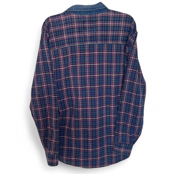 Vintage Looks Plaid Button Down Shirt XL Denim Collar Red White Blue - Picture 7 of 7